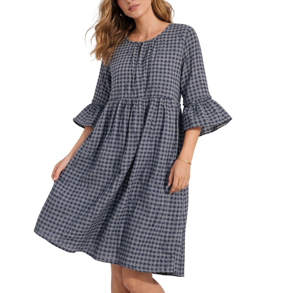 Suzanne Betro Gingham Babydoll Dress Navy Grey Cotton Ruffle Bell Sleeve 2X